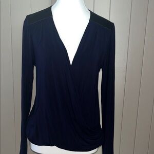 CAbi Navy Wrap Blouse with Black Faux leather Patches - Size Small